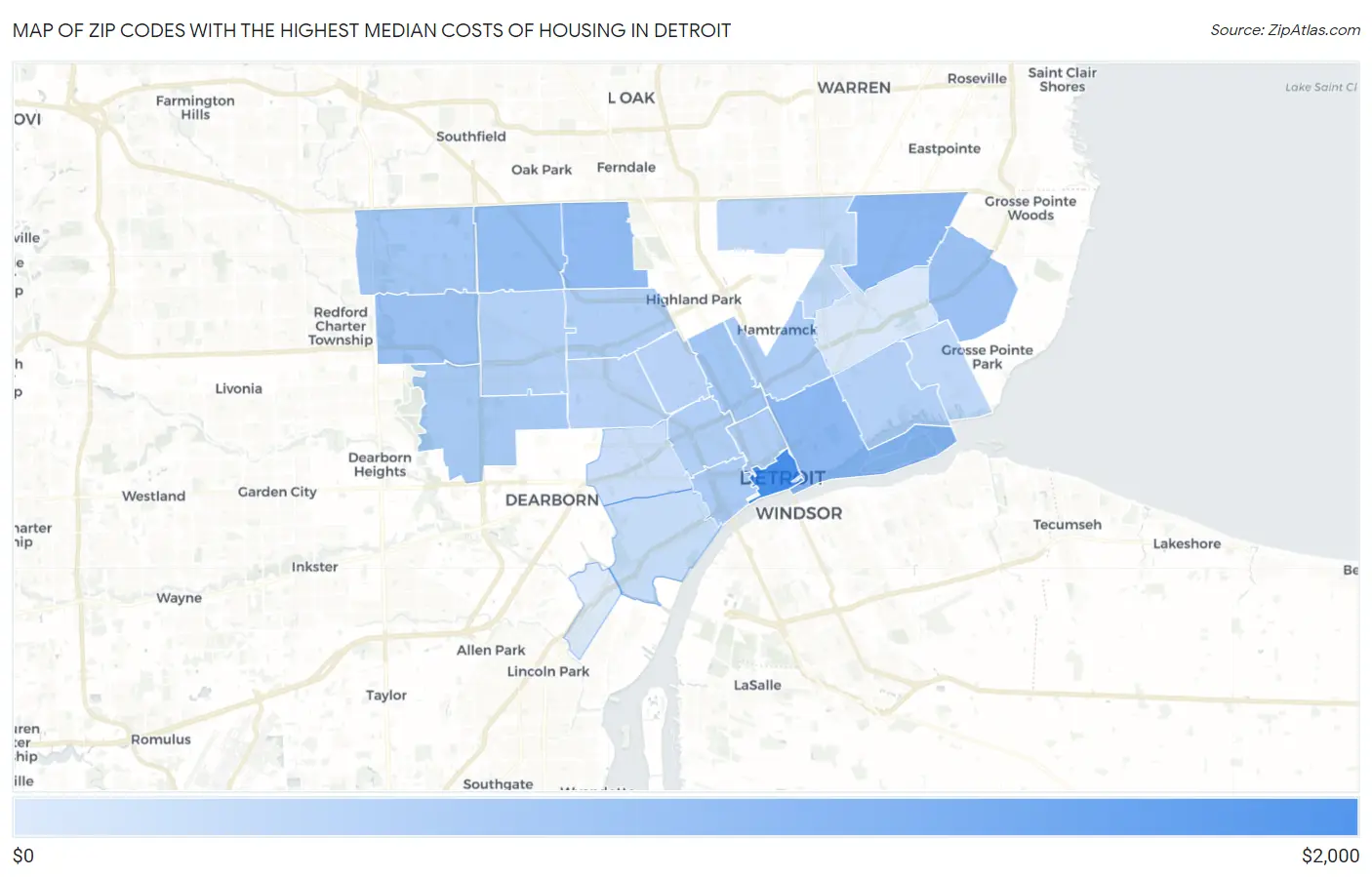 Zip Codes with the Highest Median Costs of Housing in Detroit Map