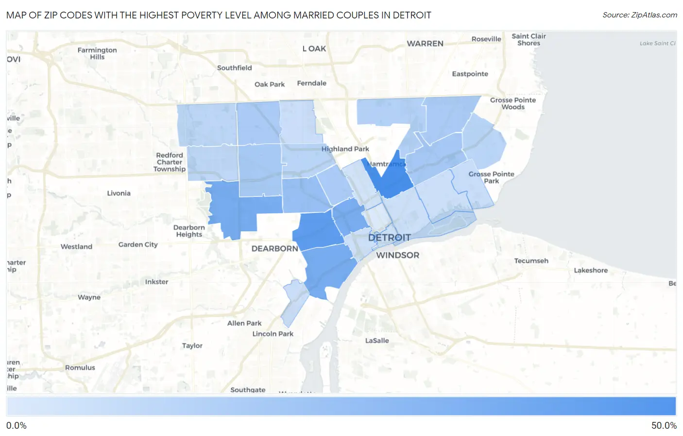 Zip Codes with the Highest Poverty Level Among Married Couples in Detroit Map