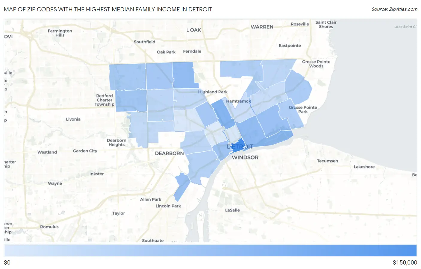 Zip Codes with the Highest Median Family Income in Detroit Map
