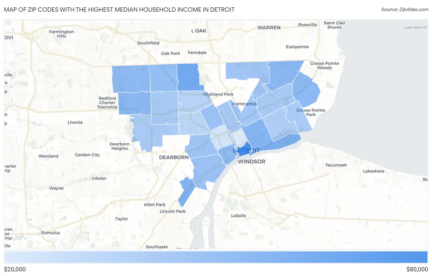 Zip Codes with the Highest Median Household Income in Detroit Map
