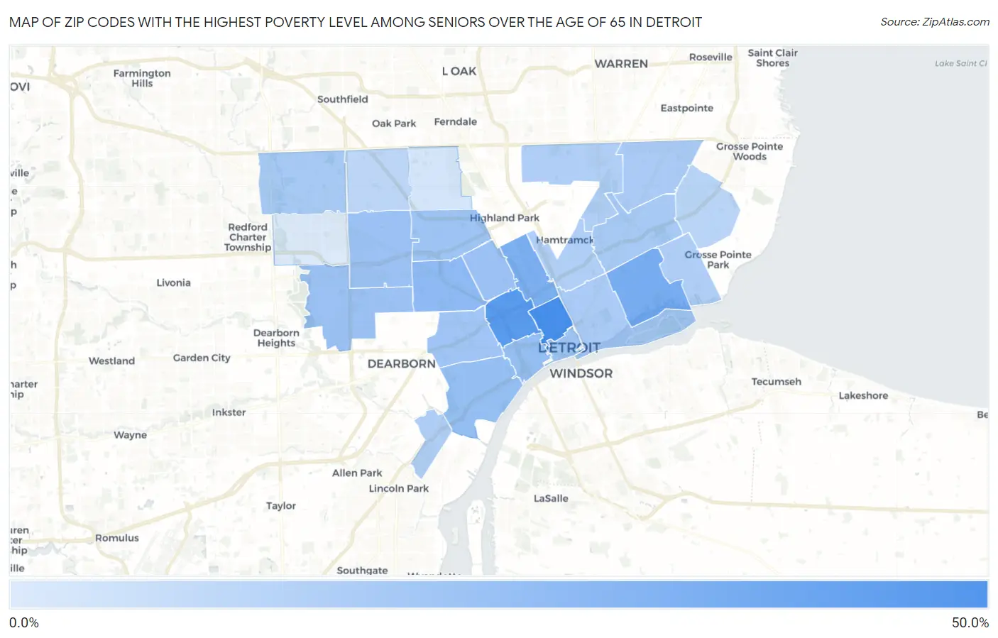 Zip Codes with the Highest Poverty Level Among Seniors Over the Age of 65 in Detroit Map