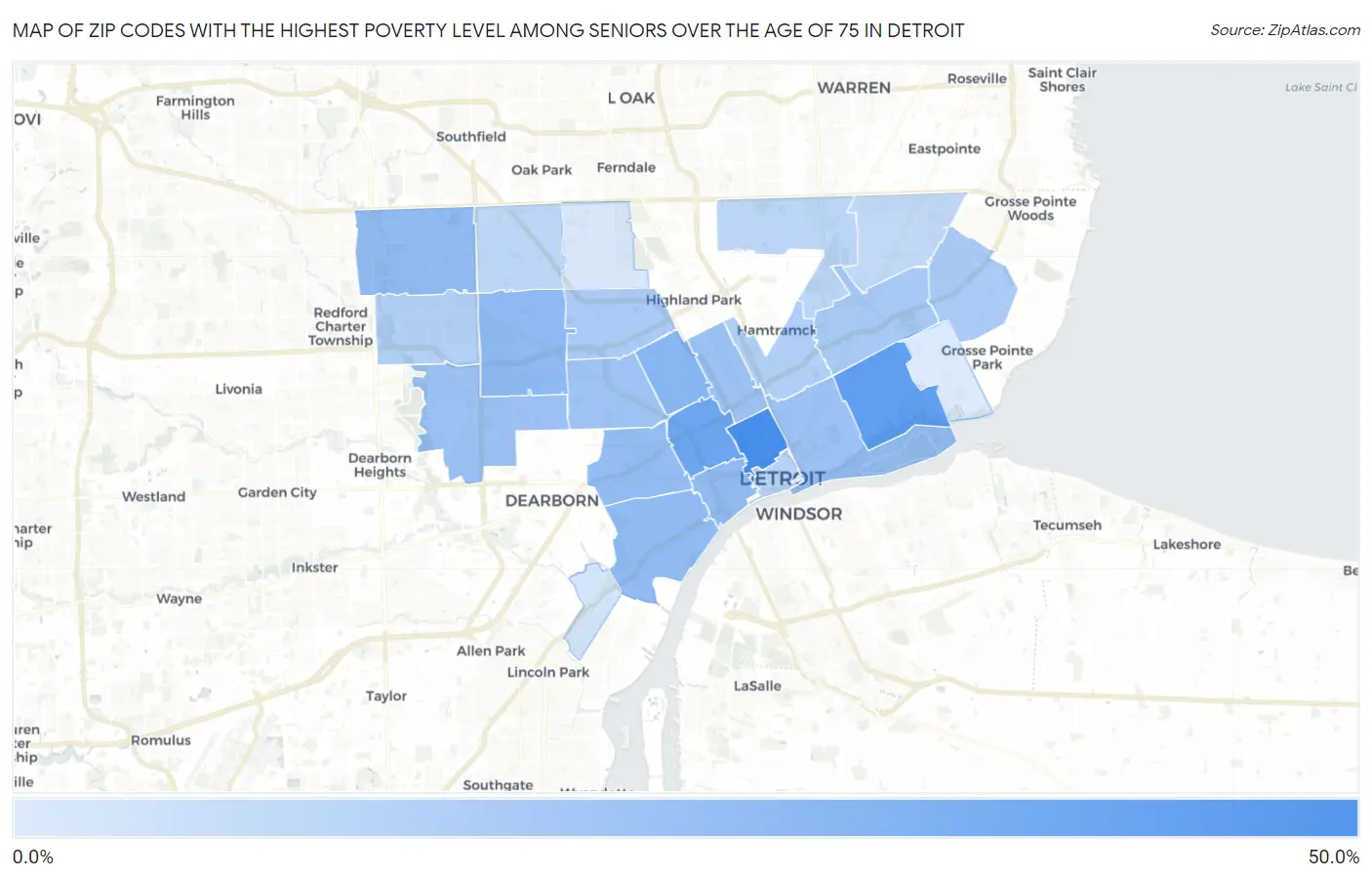Zip Codes with the Highest Poverty Level Among Seniors Over the Age of 75 in Detroit Map