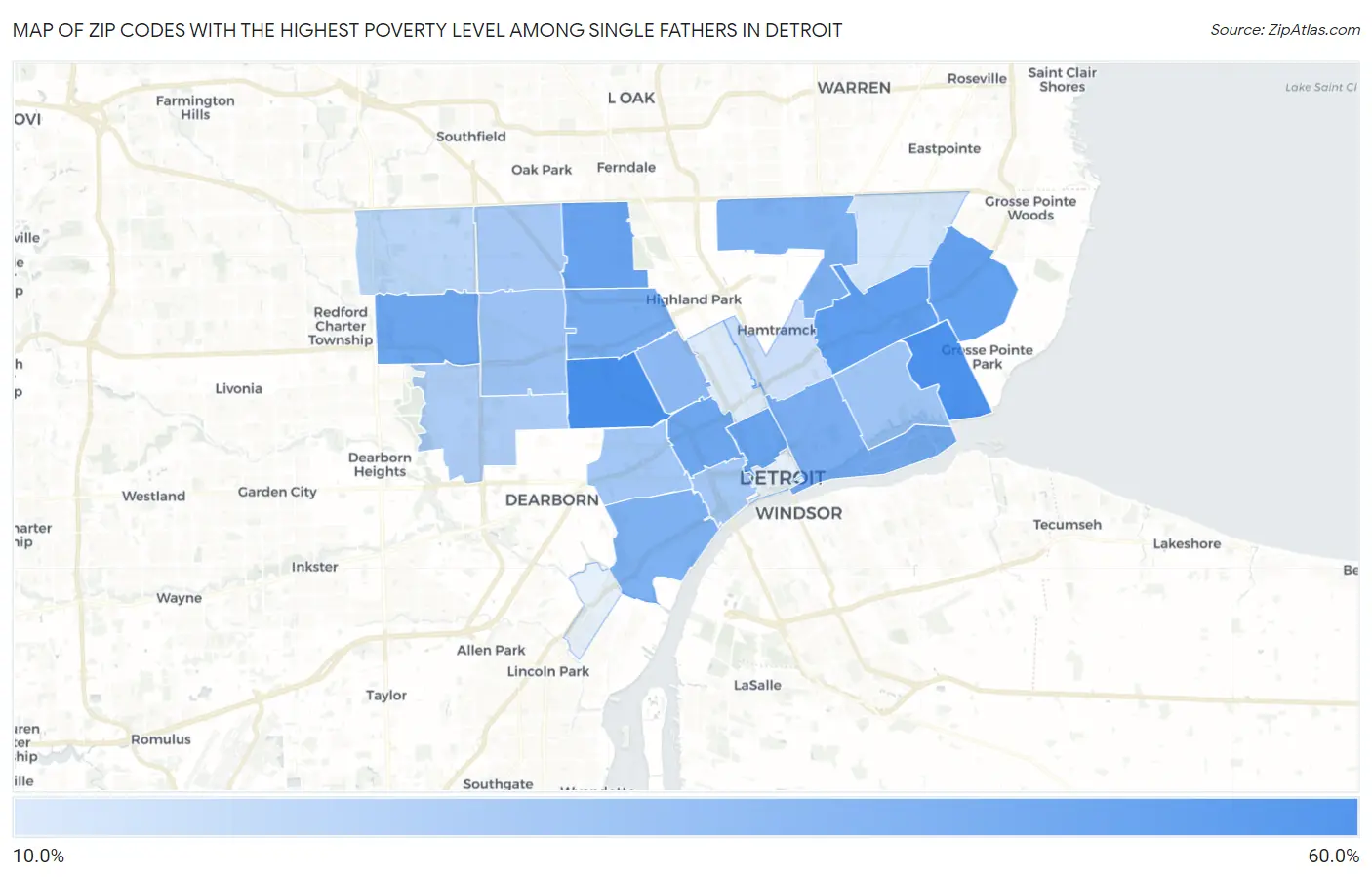 Zip Codes with the Highest Poverty Level Among Single Fathers in Detroit Map