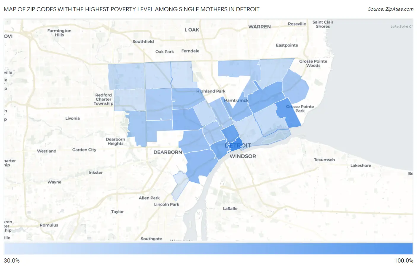 Zip Codes with the Highest Poverty Level Among Single Mothers in Detroit Map