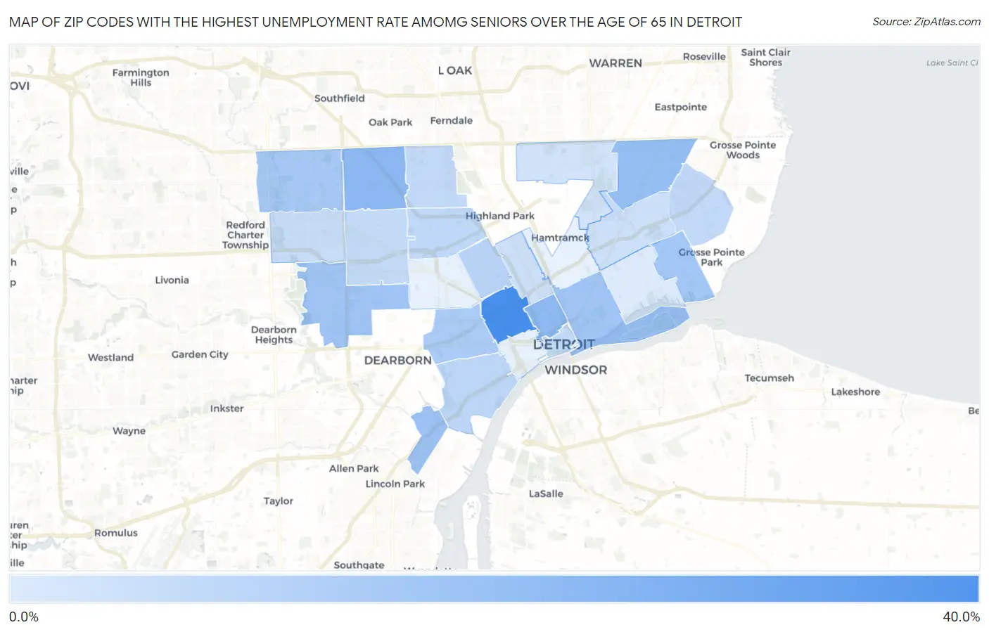 Zip Codes with the Highest Unemployment Rate Amomg Seniors Over the Age of 65 in Detroit Map