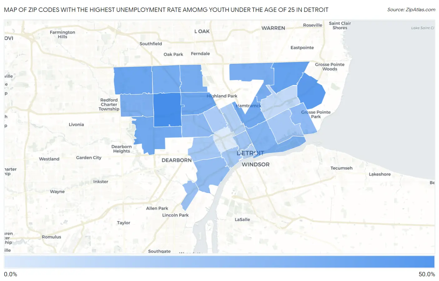Zip Codes with the Highest Unemployment Rate Amomg Youth Under the Age of 25 in Detroit Map