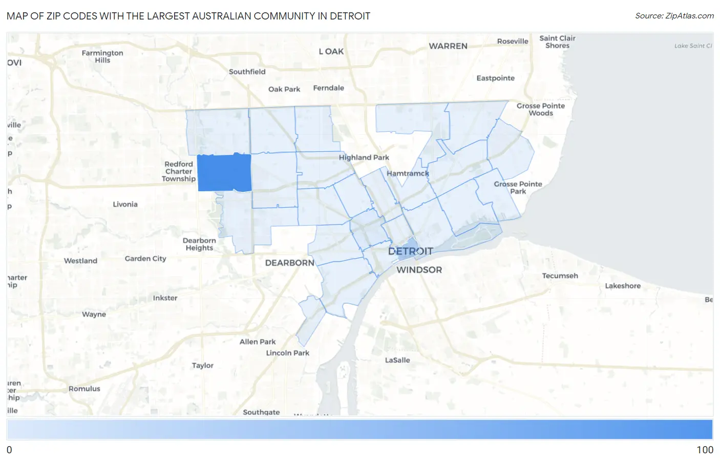 Zip Codes with the Largest Australian Community in Detroit Map