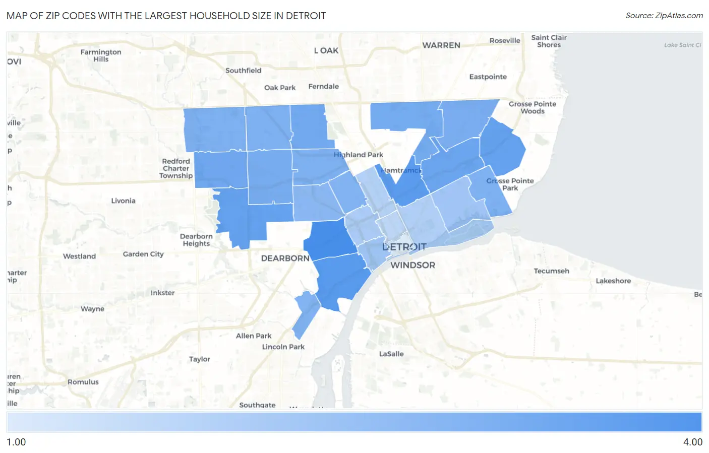 Zip Codes with the Largest Household Size in Detroit Map