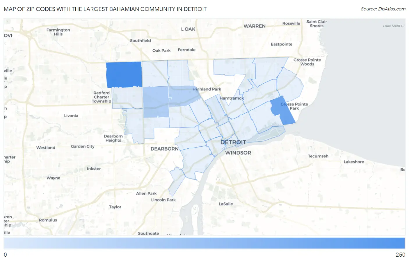 Zip Codes with the Largest Bahamian Community in Detroit Map