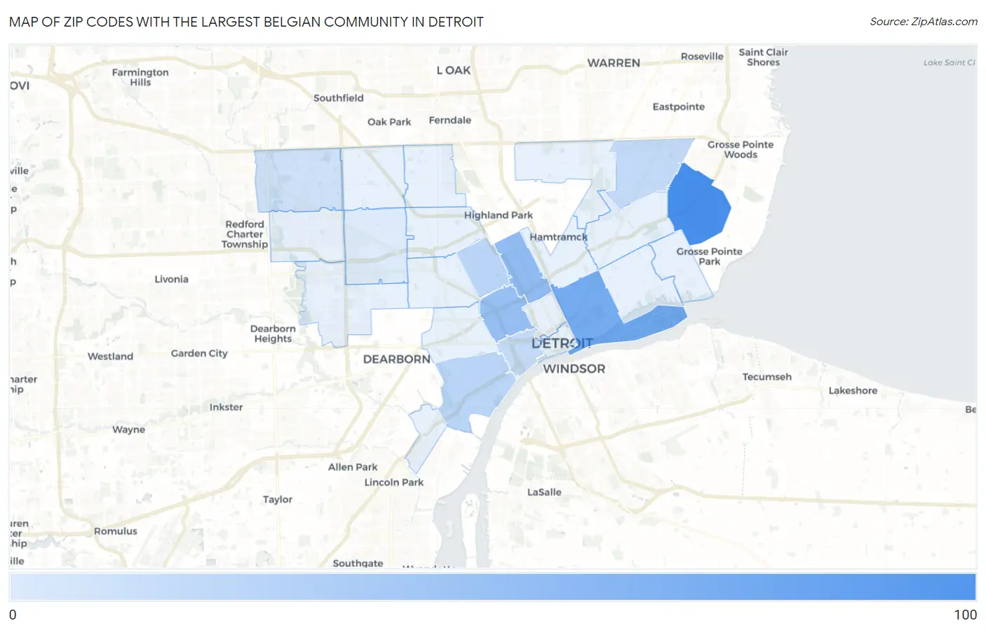 Zip Codes with the Largest Belgian Community in Detroit Map