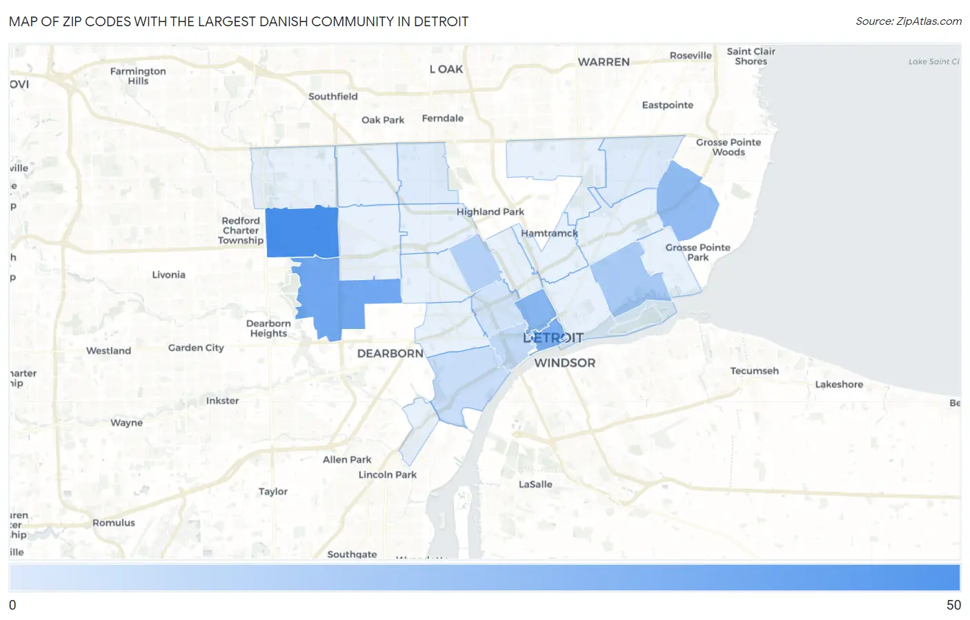 Zip Codes with the Largest Danish Community in Detroit Map