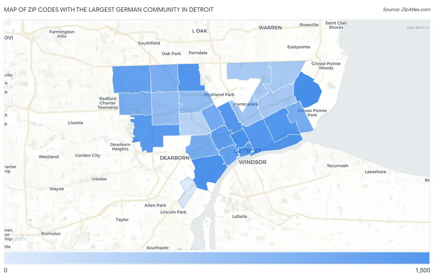 Zip Codes with the Largest German Community in Detroit Map