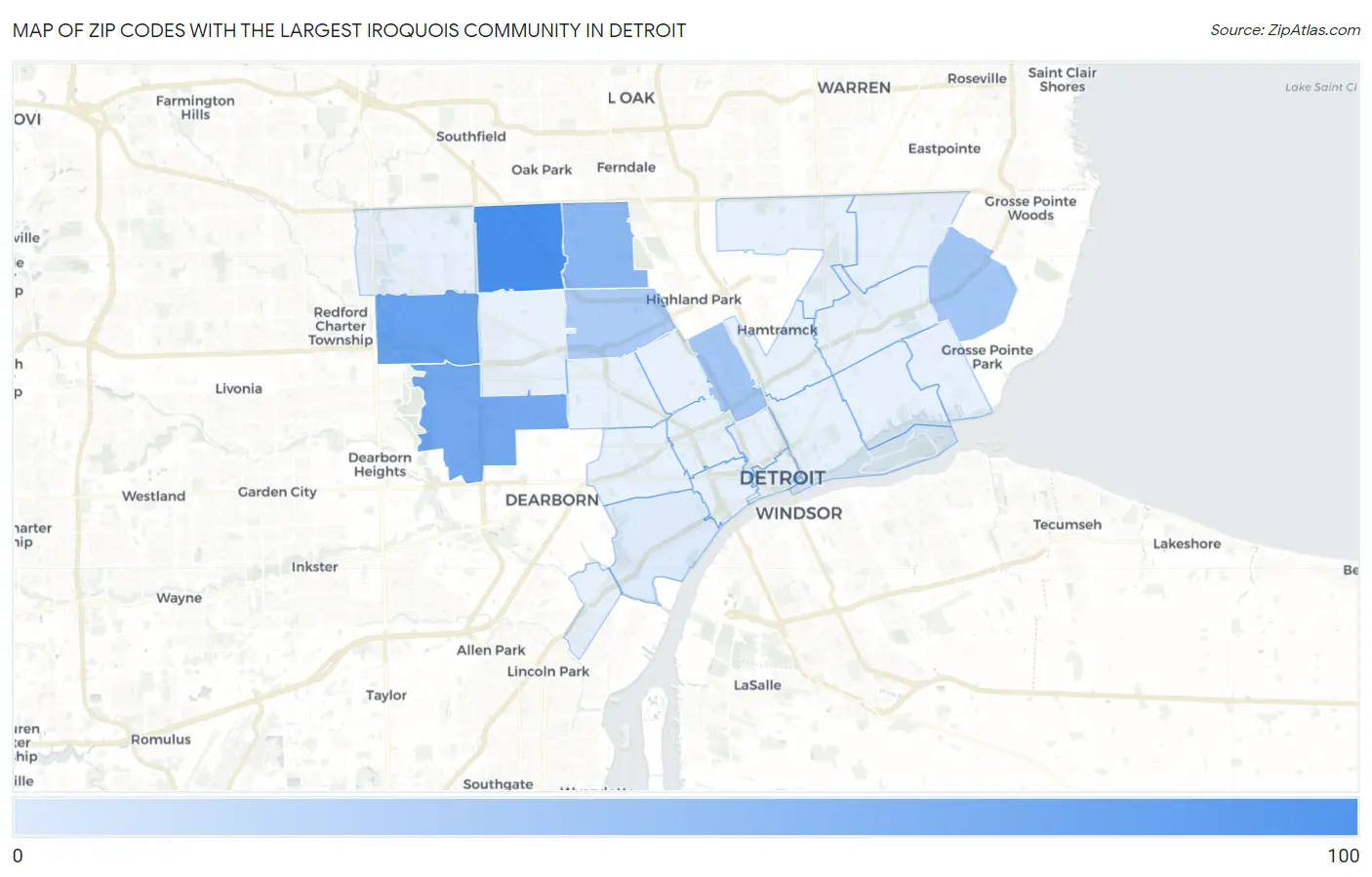 Zip Codes with the Largest Iroquois Community in Detroit Map