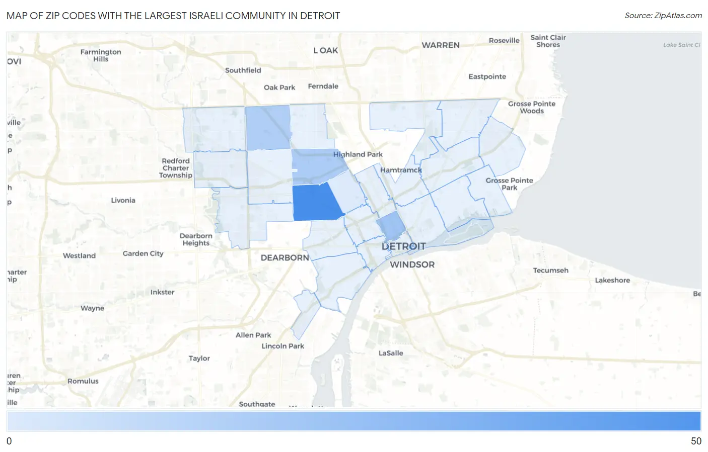 Zip Codes with the Largest Israeli Community in Detroit Map