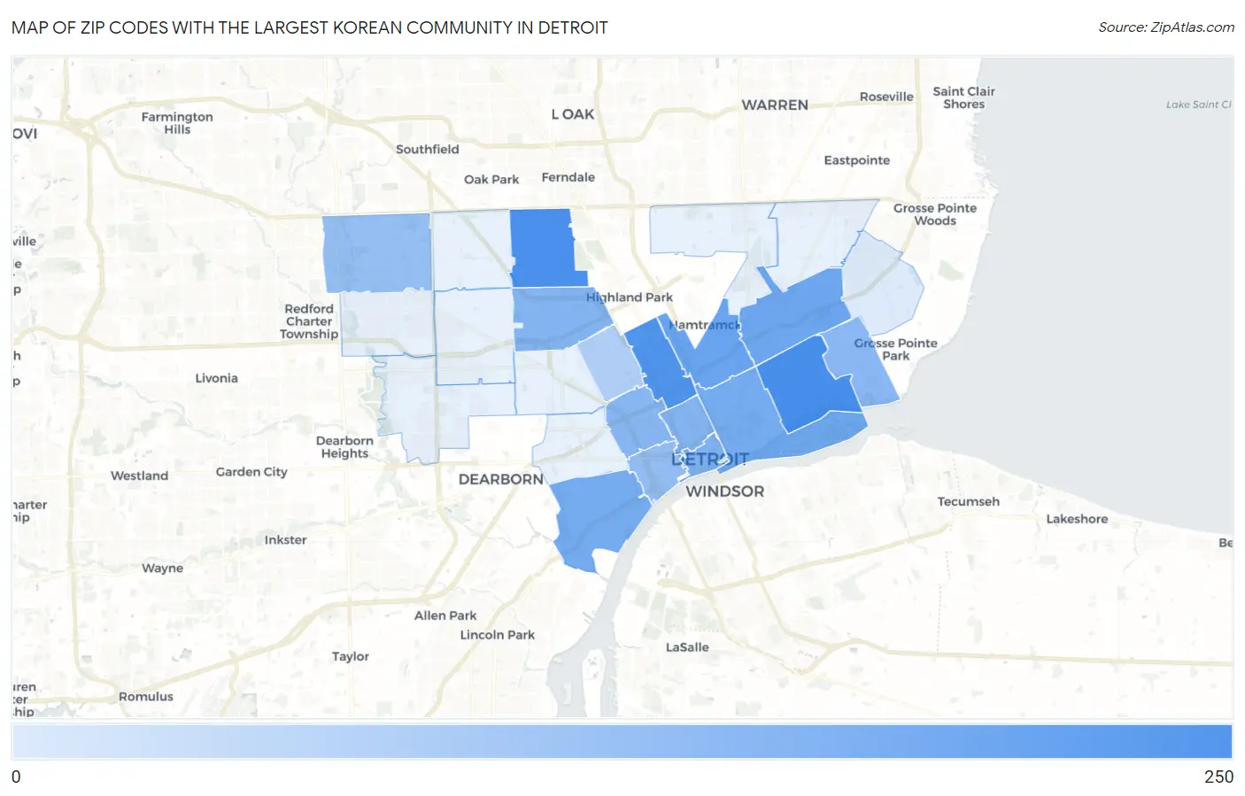 Zip Codes with the Largest Korean Community in Detroit Map