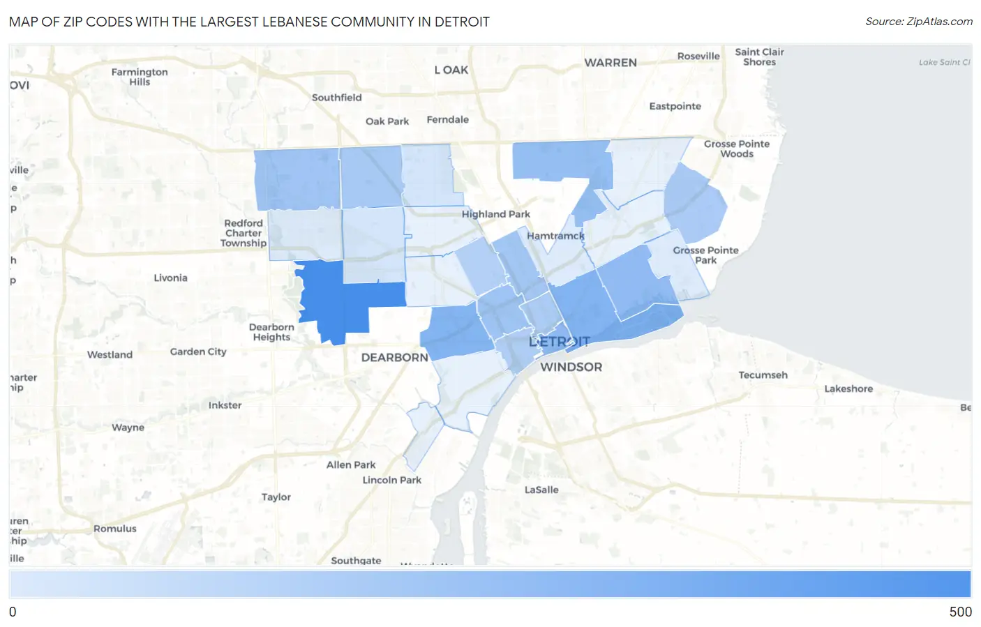 Zip Codes with the Largest Lebanese Community in Detroit Map