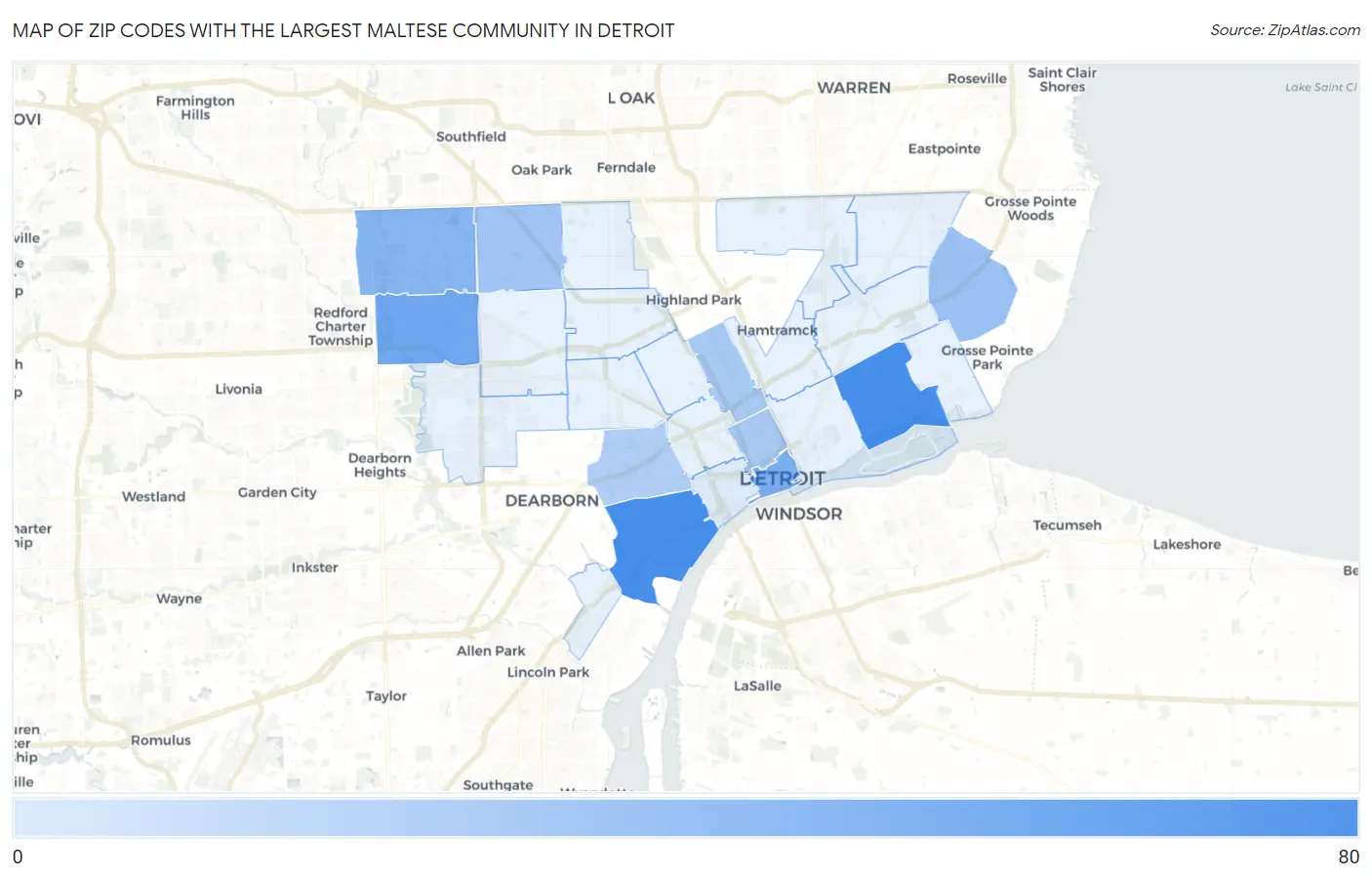 Zip Codes with the Largest Maltese Community in Detroit Map