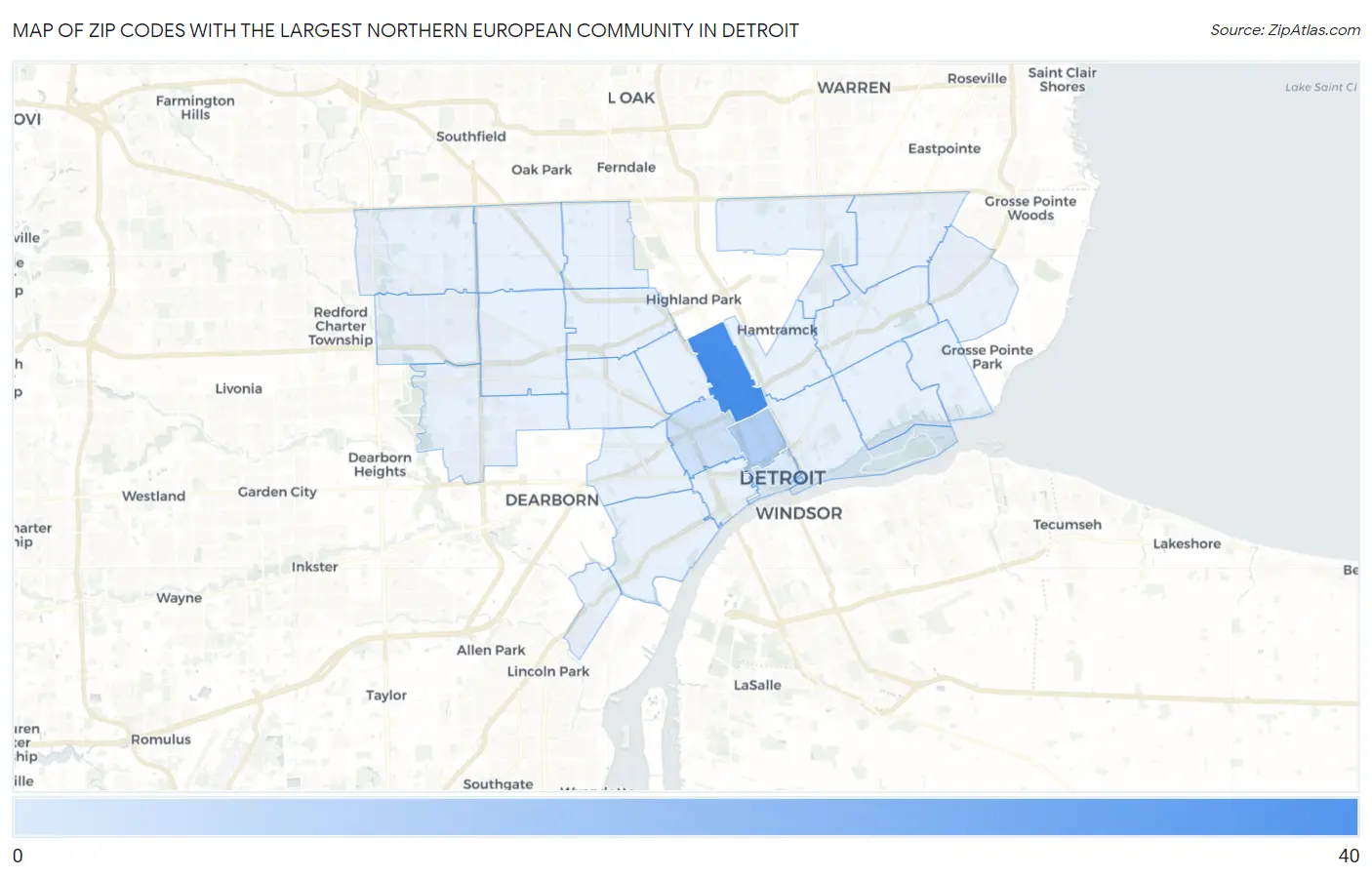 Zip Codes with the Largest Northern European Community in Detroit Map