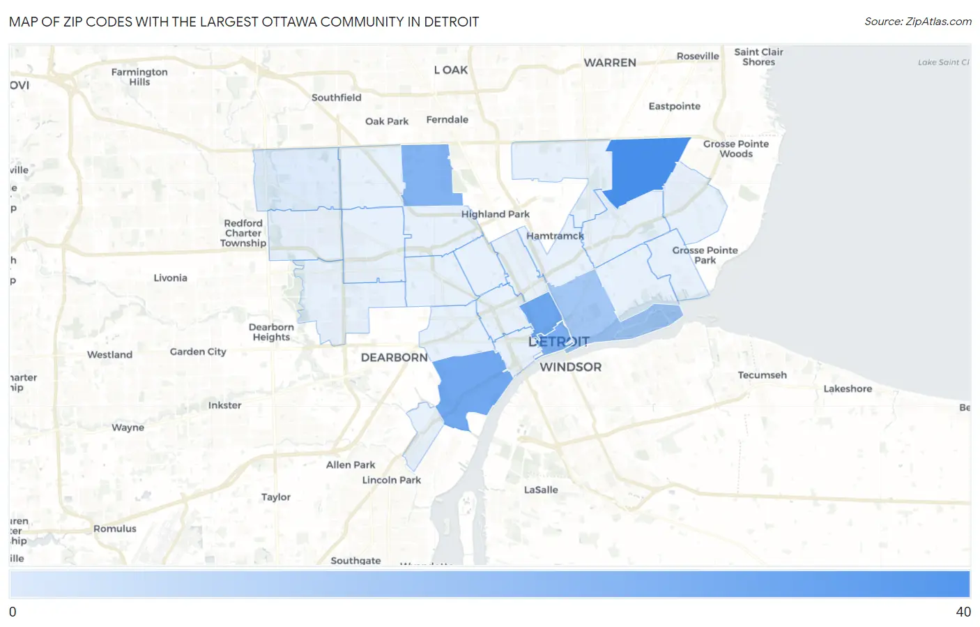 Zip Codes with the Largest Ottawa Community in Detroit Map