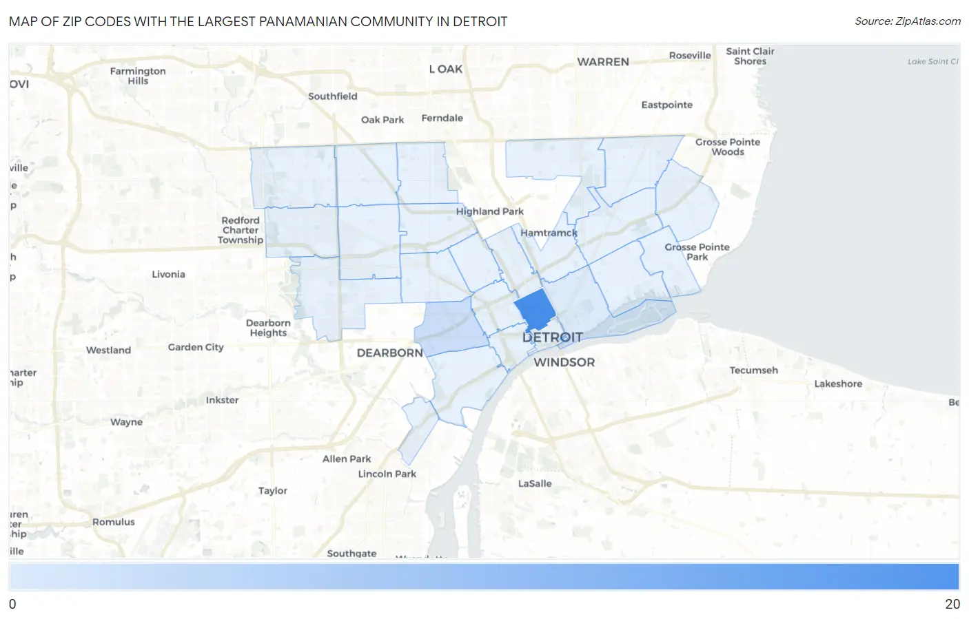Zip Codes with the Largest Panamanian Community in Detroit Map