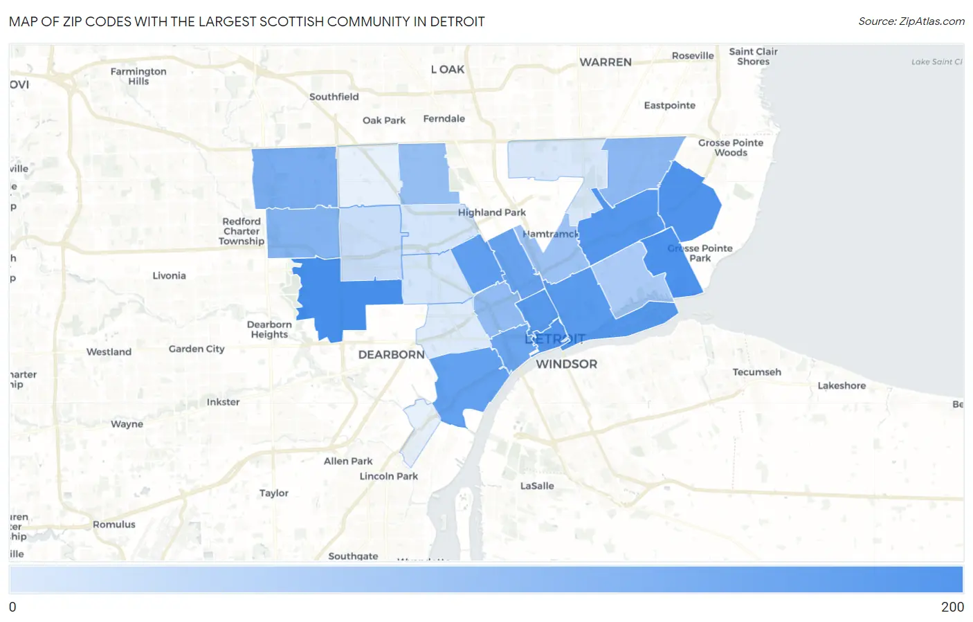 Zip Codes with the Largest Scottish Community in Detroit Map