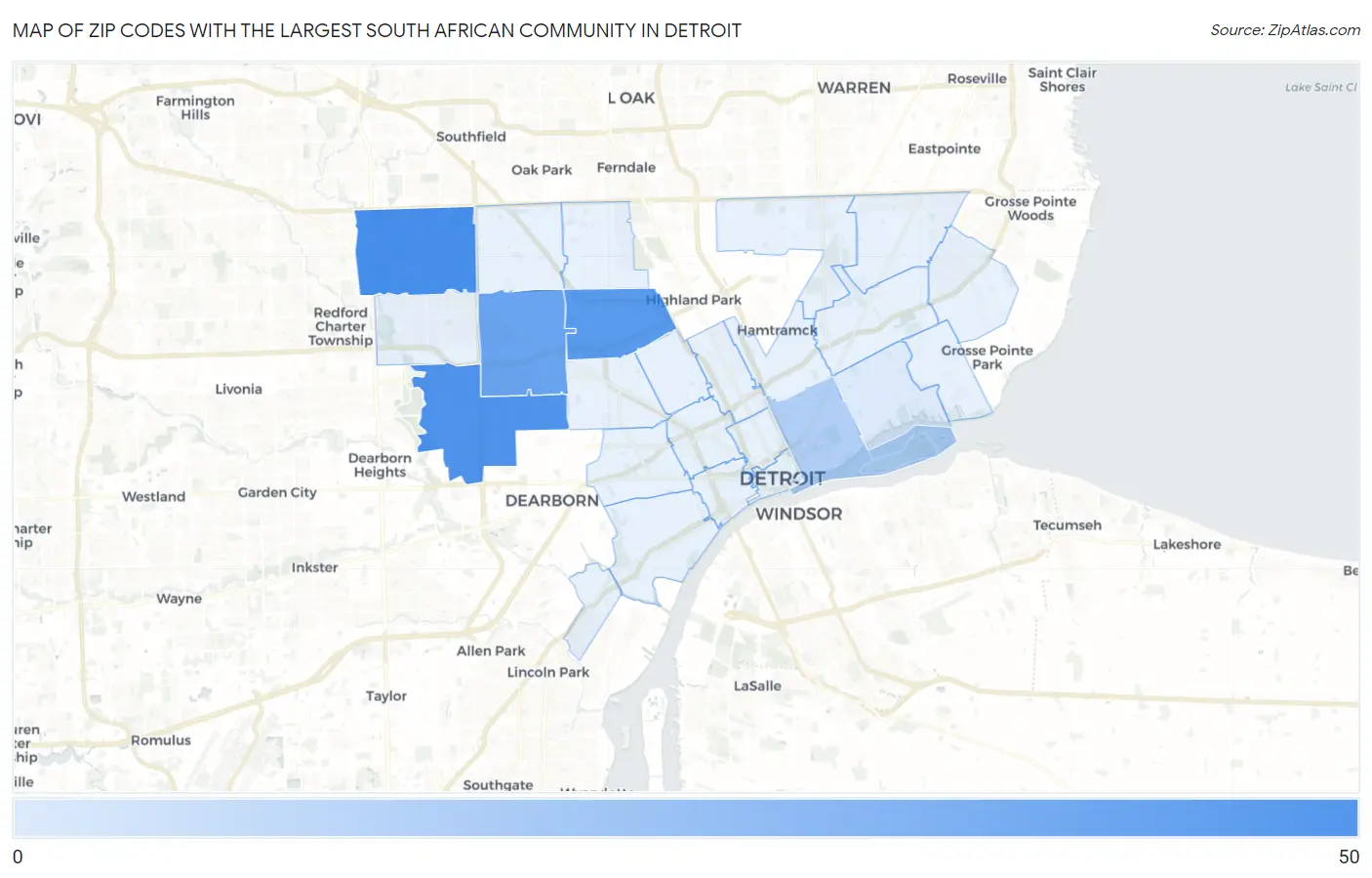 Zip Codes with the Largest South African Community in Detroit Map