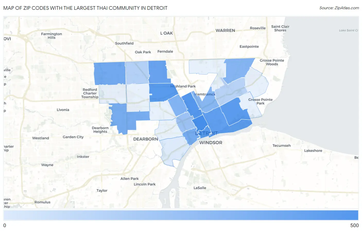 Zip Codes with the Largest Thai Community in Detroit Map