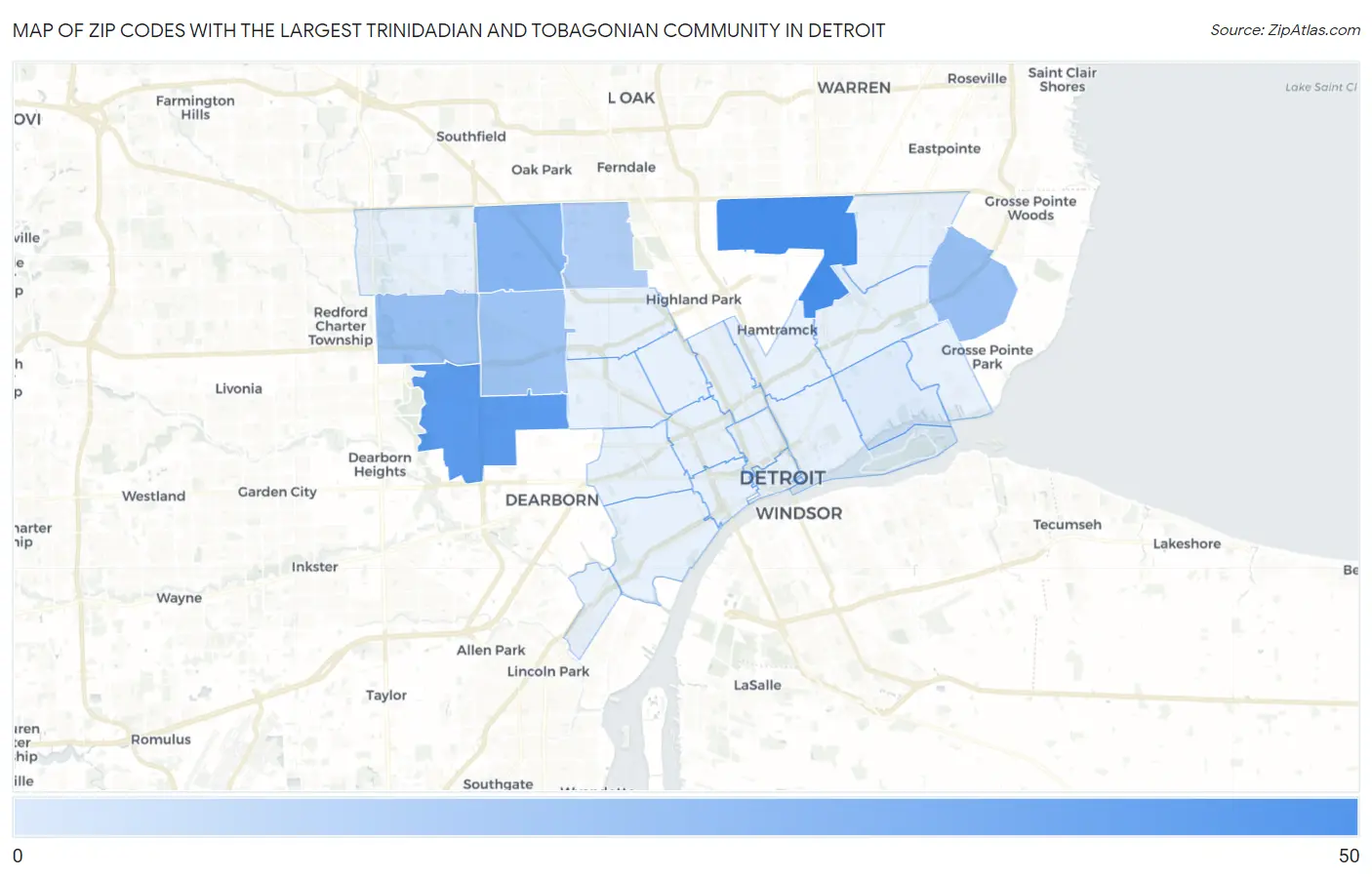 Zip Codes with the Largest Trinidadian and Tobagonian Community in Detroit Map