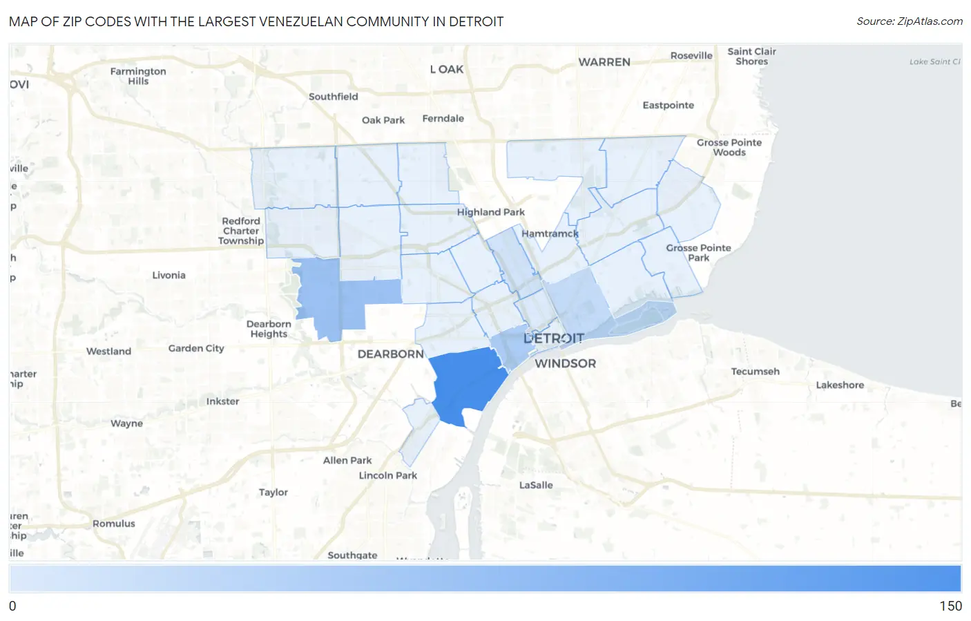 Zip Codes with the Largest Venezuelan Community in Detroit Map