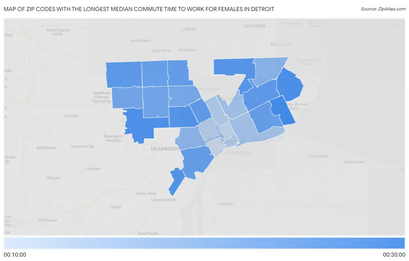 Zip Codes with the Longest Median Commute Time to Work for Females in Detroit Map