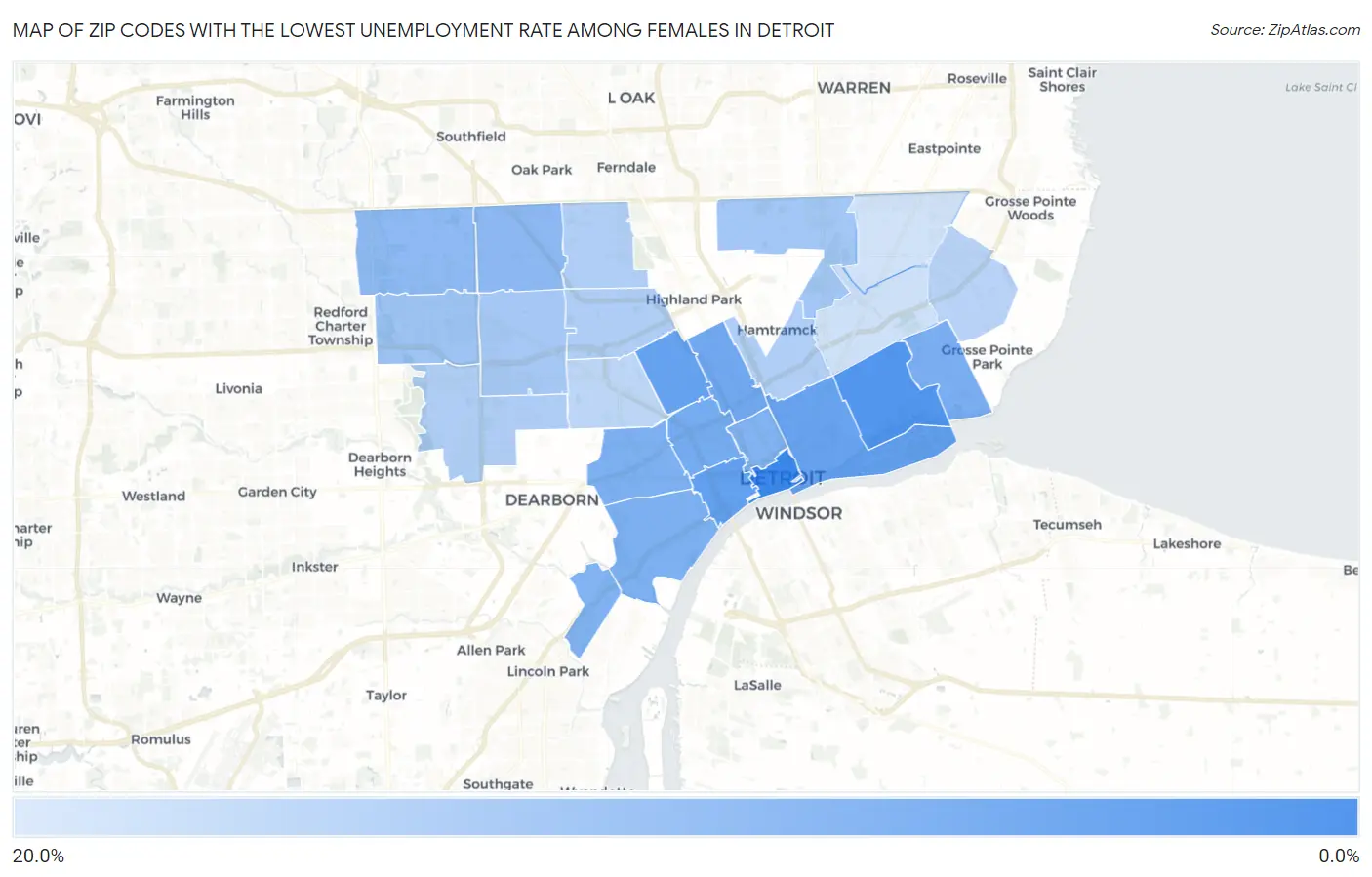 Zip Codes with the Lowest Unemployment Rate Among Females in Detroit Map