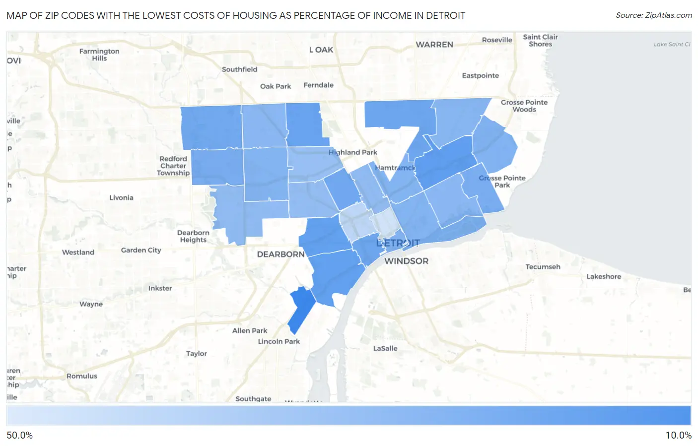 Zip Codes with the Lowest Costs of Housing as Percentage of Income in Detroit Map