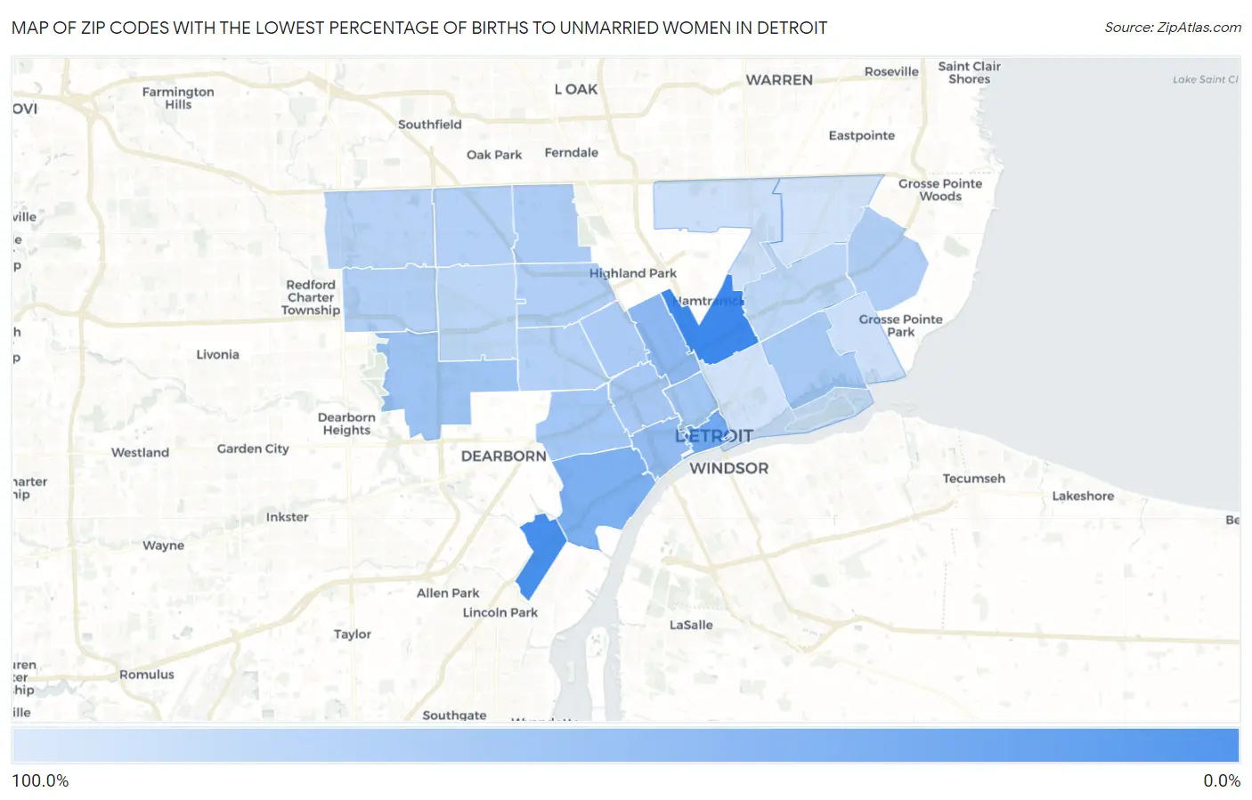 Zip Codes with the Lowest Percentage of Births to Unmarried Women in Detroit Map