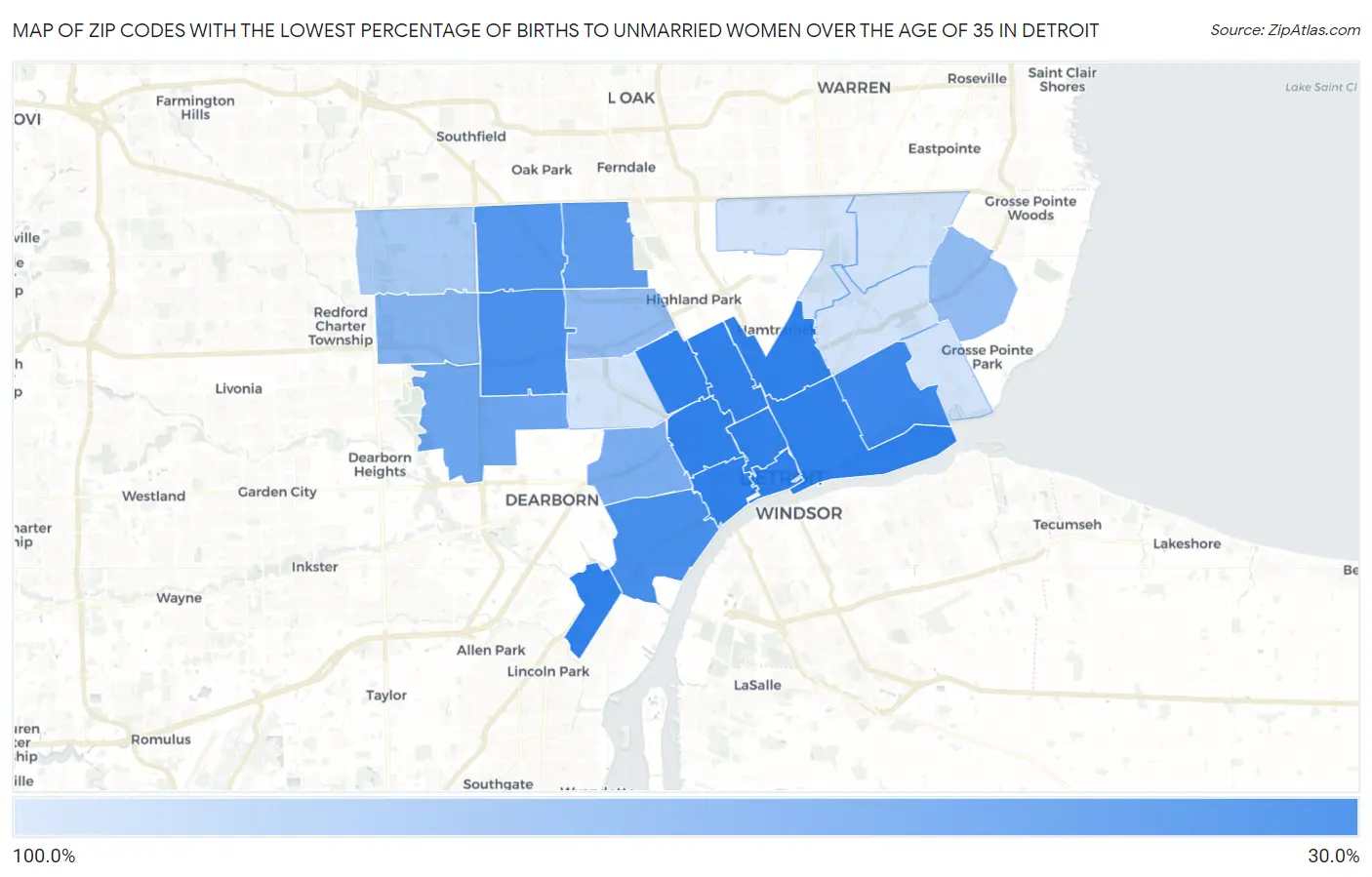 Zip Codes with the Lowest Percentage of Births to Unmarried Women over the Age of 35 in Detroit Map