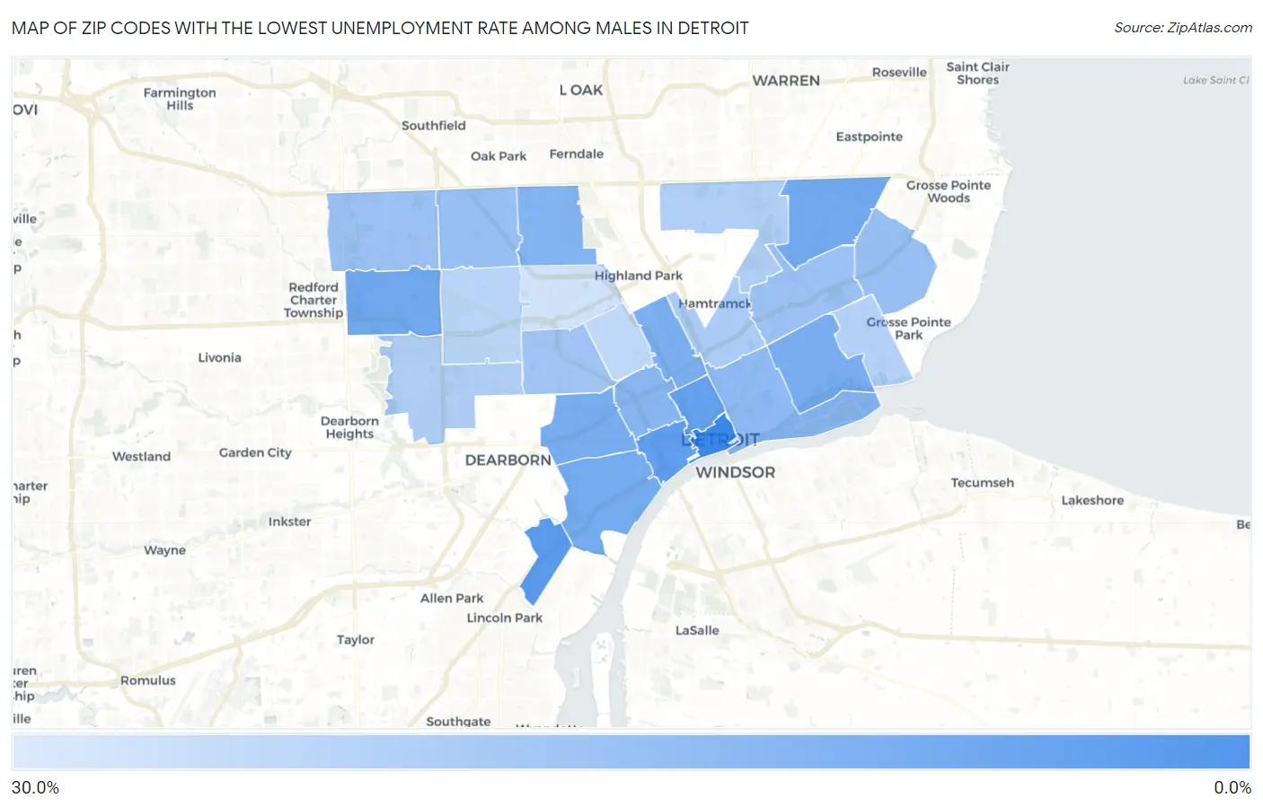 Zip Codes with the Lowest Unemployment Rate Among Males in Detroit Map