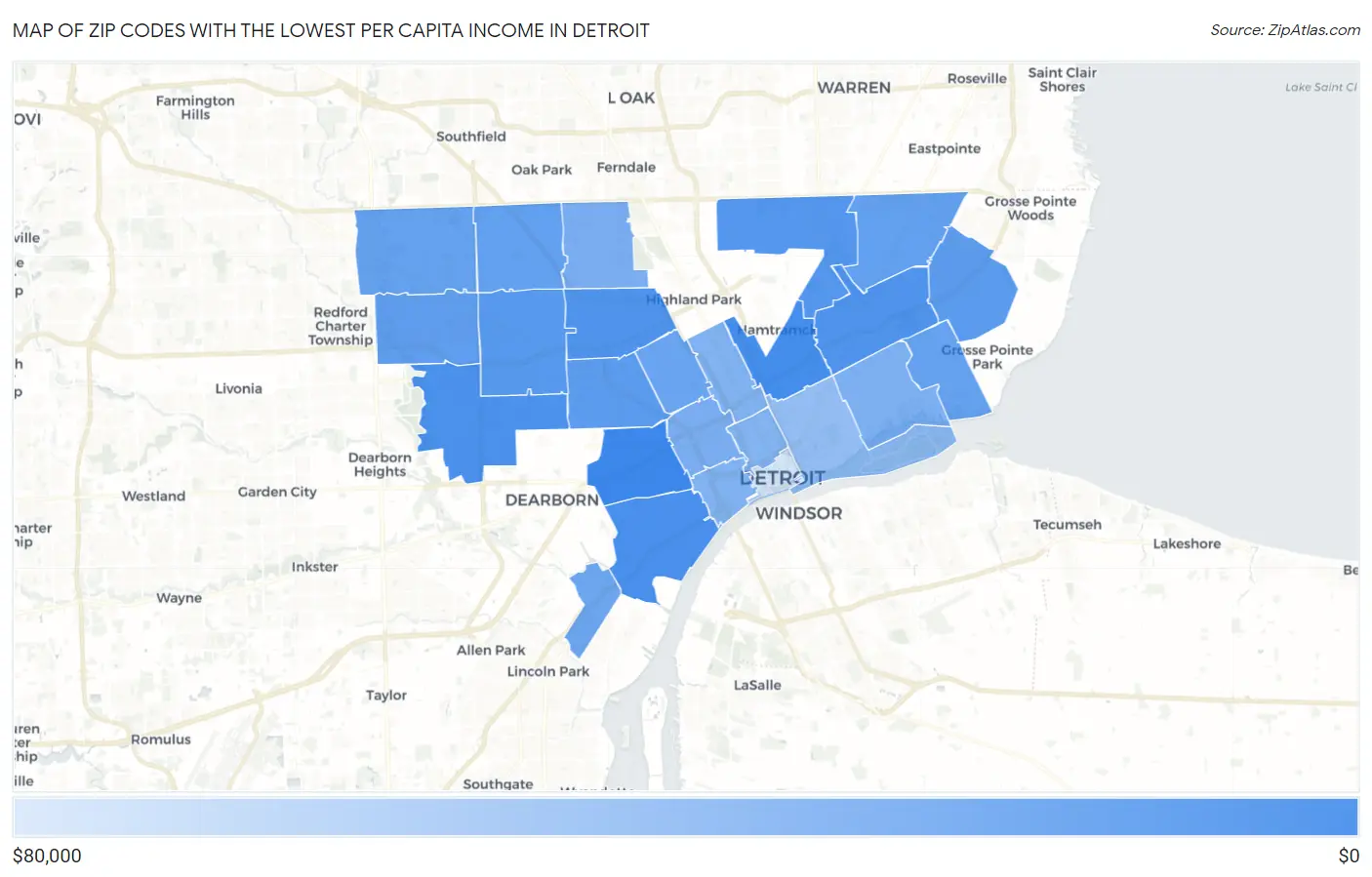 Zip Codes with the Lowest Per Capita Income in Detroit Map