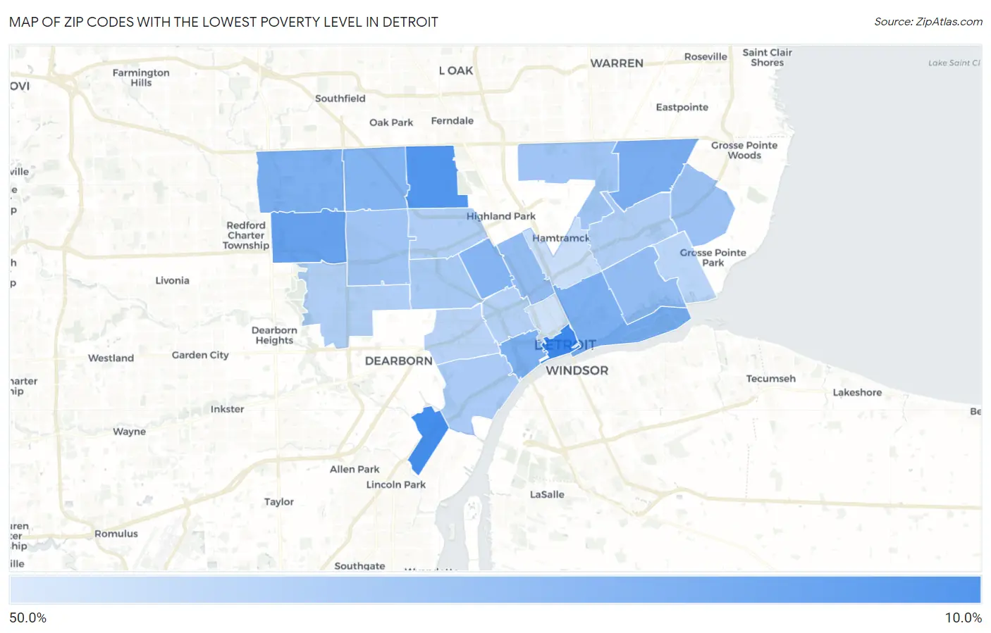 Zip Codes with the Lowest Poverty Level in Detroit Map