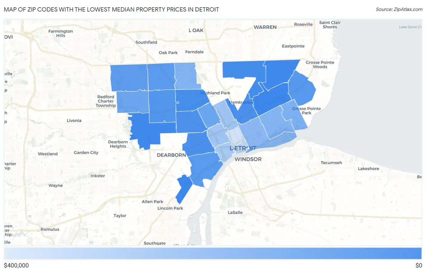 Zip Codes with the Lowest Median Property Prices in Detroit Map