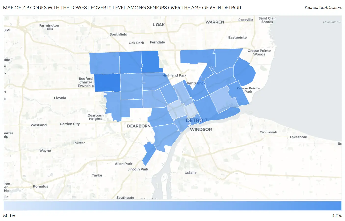 Zip Codes with the Lowest Poverty Level Among Seniors Over the Age of 65 in Detroit Map