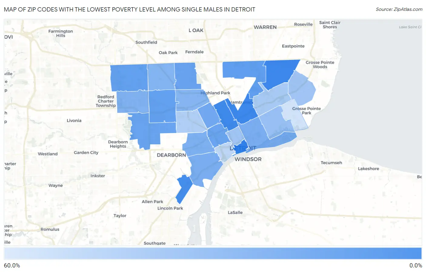 Zip Codes with the Lowest Poverty Level Among Single Males in Detroit Map
