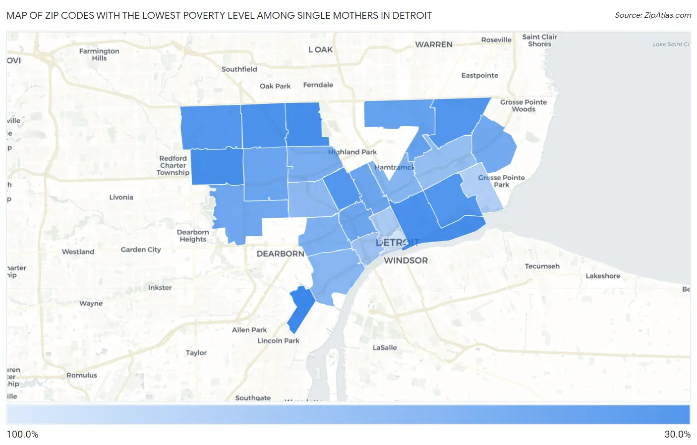 Zip Codes with the Lowest Poverty Level Among Single Mothers in Detroit Map