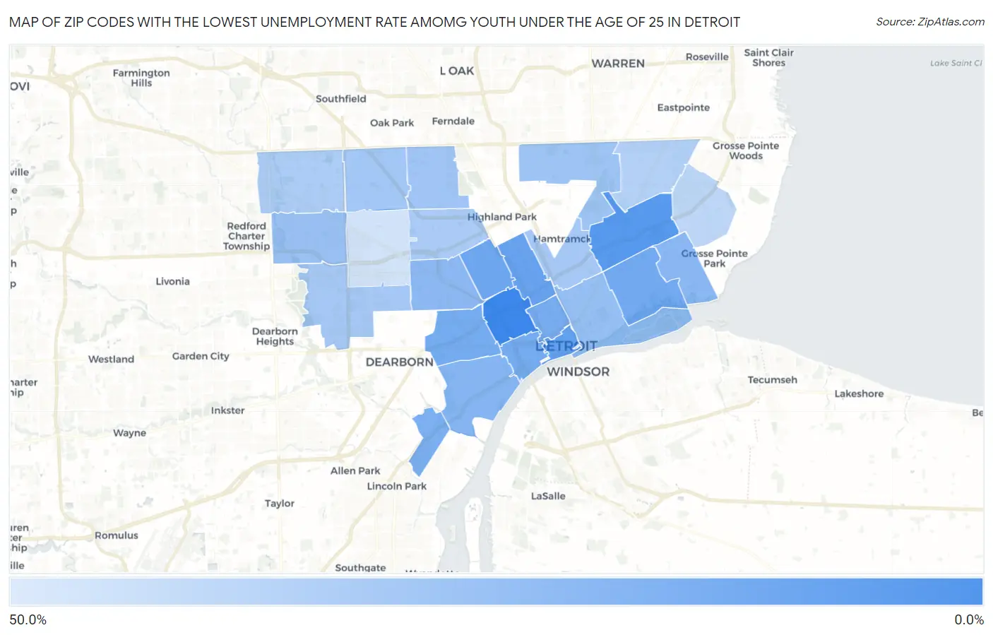Zip Codes with the Lowest Unemployment Rate Amomg Youth Under the Age of 25 in Detroit Map