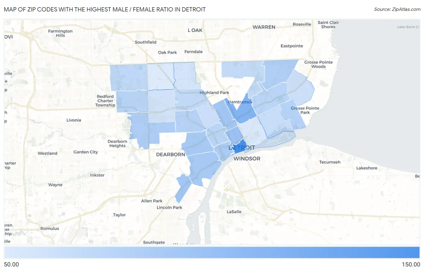 Zip Codes with the Highest Male / Female Ratio in Detroit Map