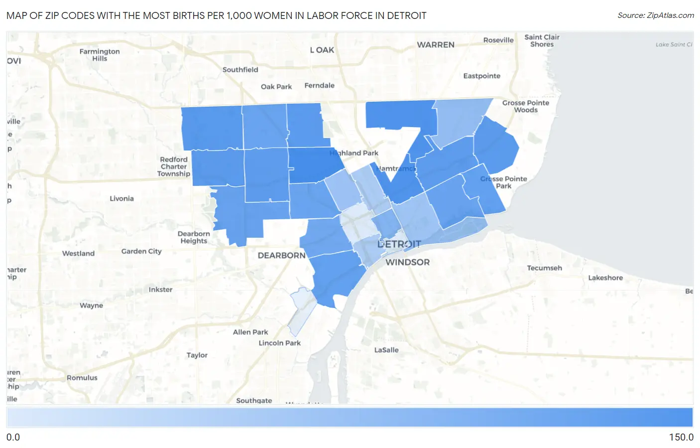 Zip Codes with the Most Births per 1,000 Women in Labor Force in Detroit Map