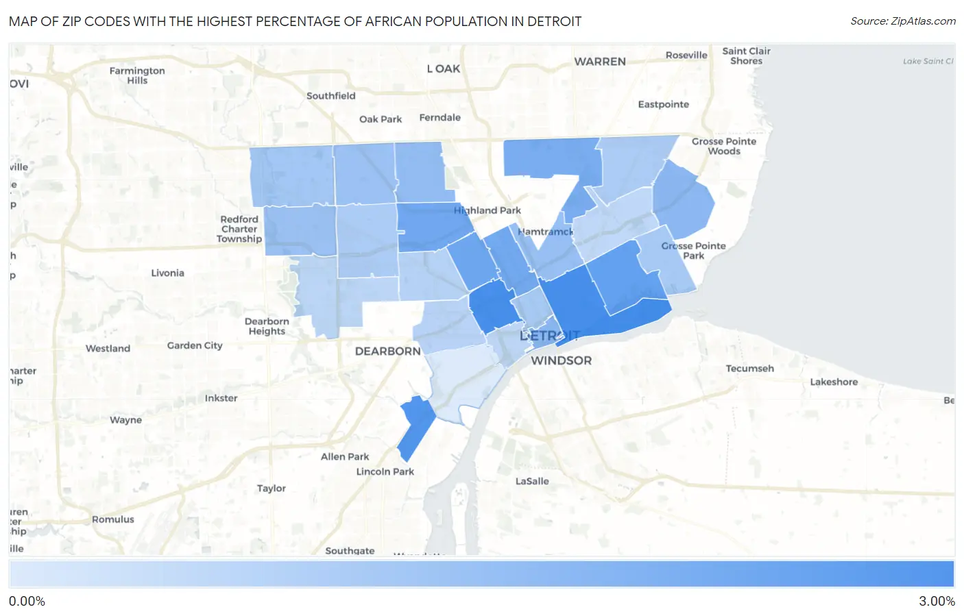 Zip Codes with the Highest Percentage of African Population in Detroit Map