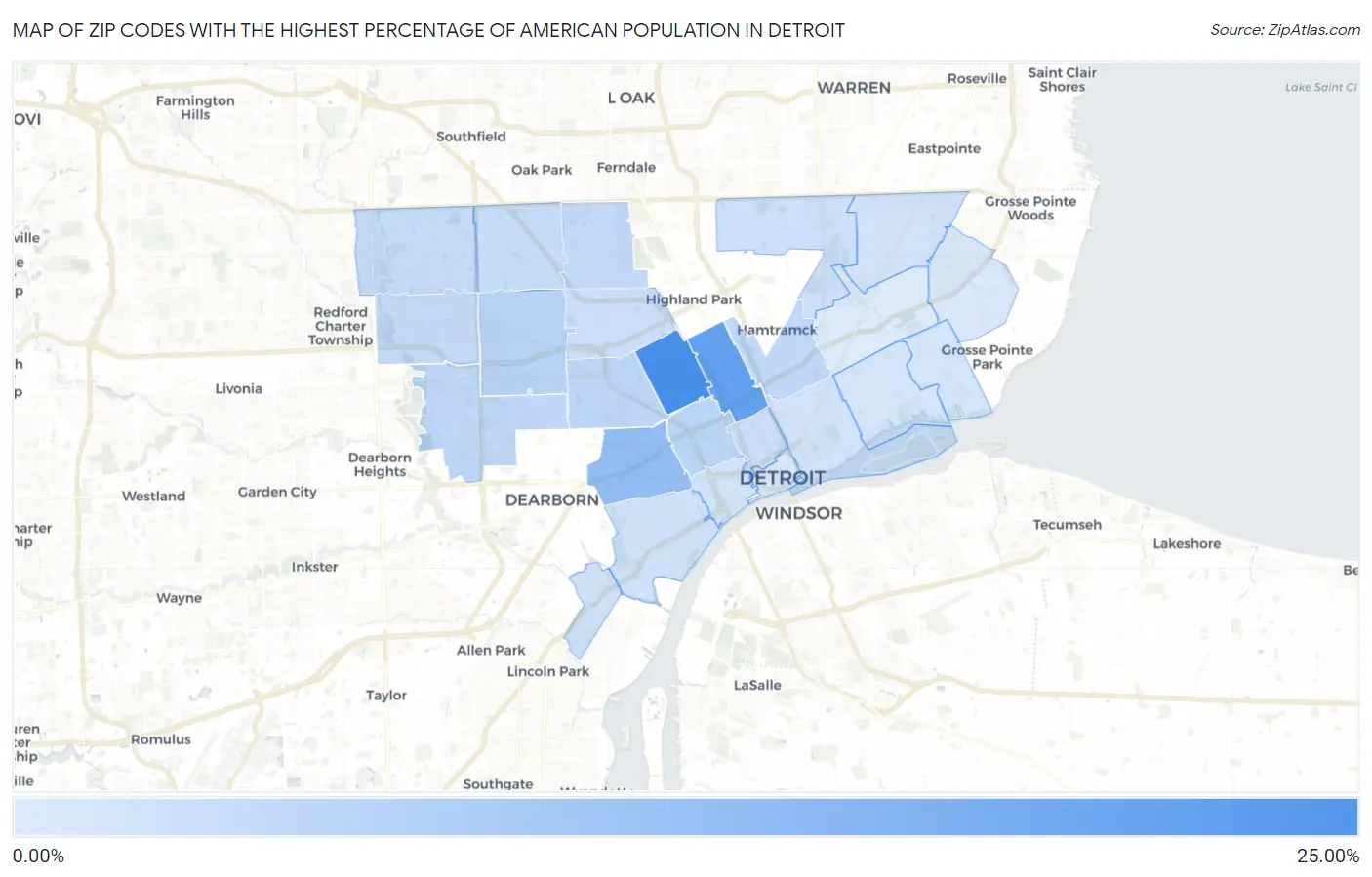 Zip Codes with the Highest Percentage of American Population in Detroit Map
