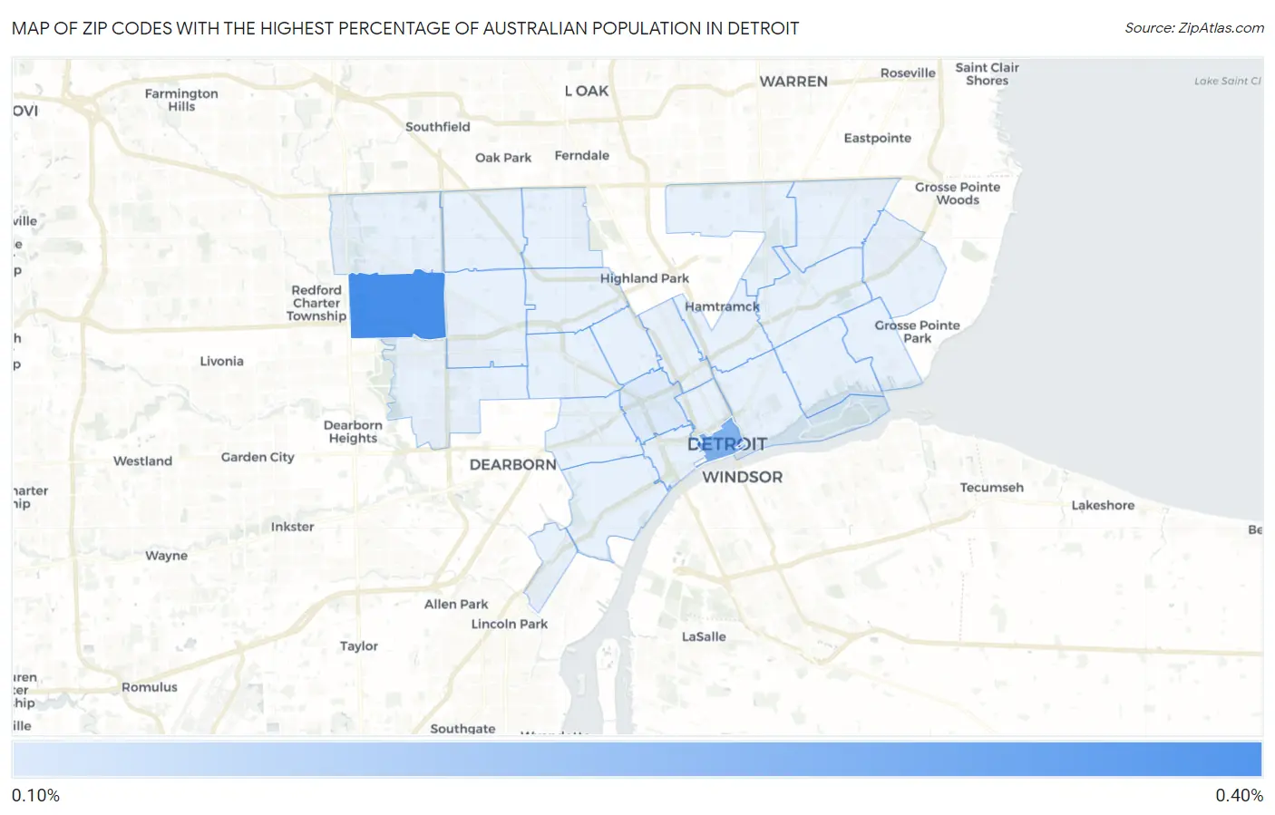 Zip Codes with the Highest Percentage of Australian Population in Detroit Map