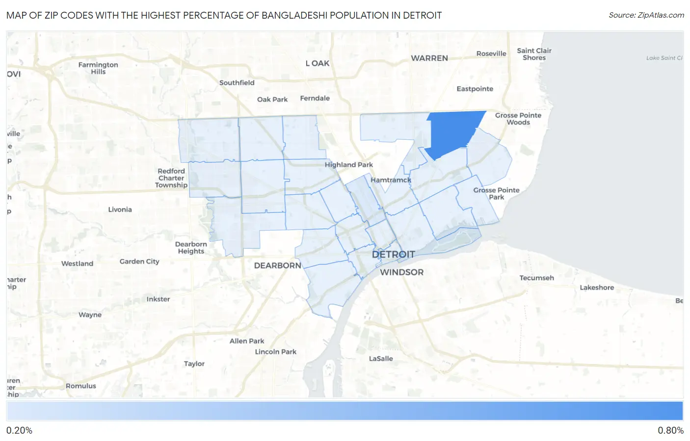 Zip Codes with the Highest Percentage of Bangladeshi Population in Detroit Map