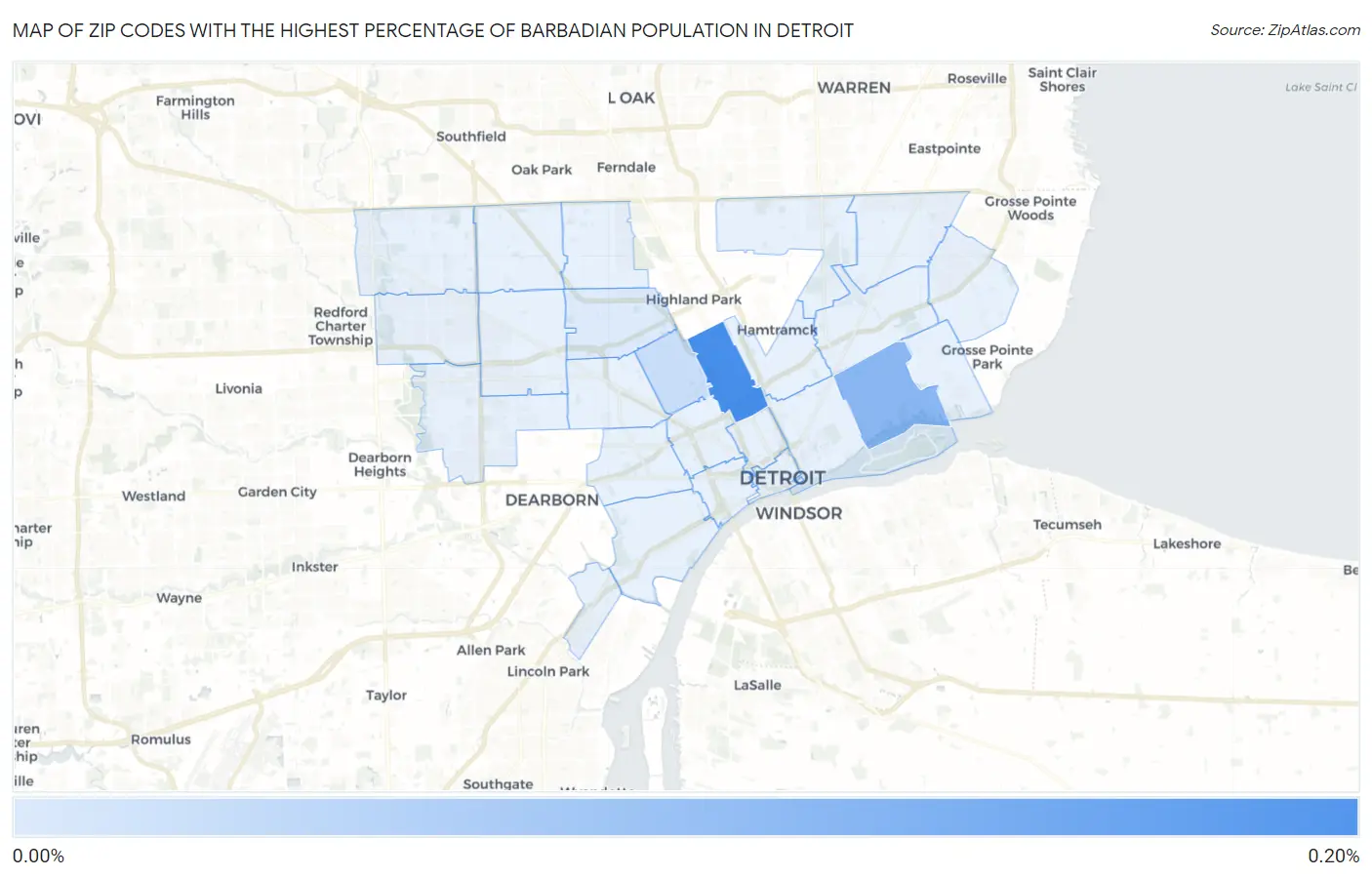 Zip Codes with the Highest Percentage of Barbadian Population in Detroit Map