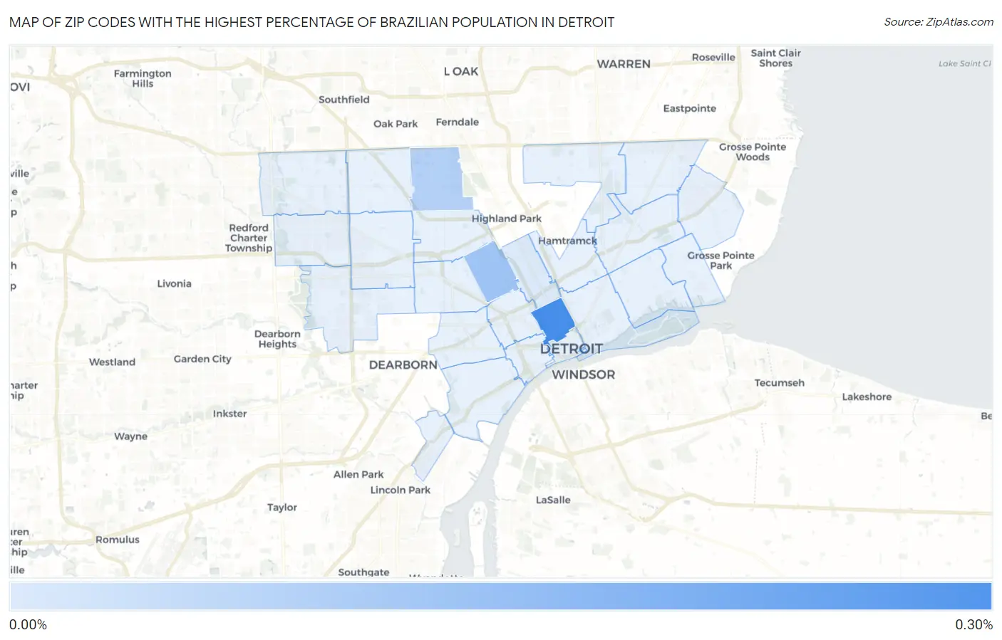 Zip Codes with the Highest Percentage of Brazilian Population in Detroit Map